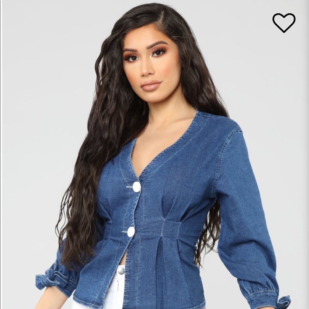 Blue jean peplum shirt.